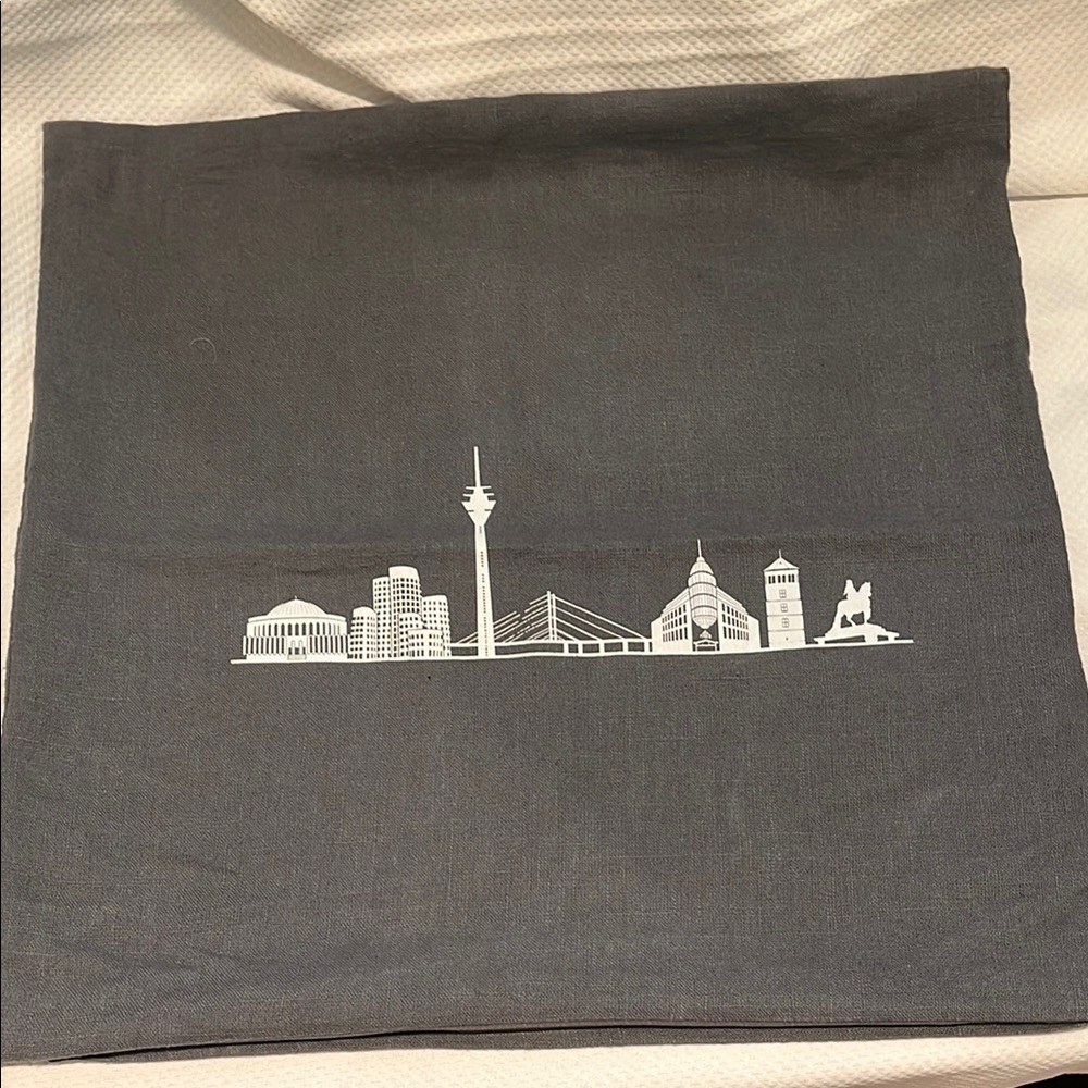 Gray Pillow Cover with City Skyline Design